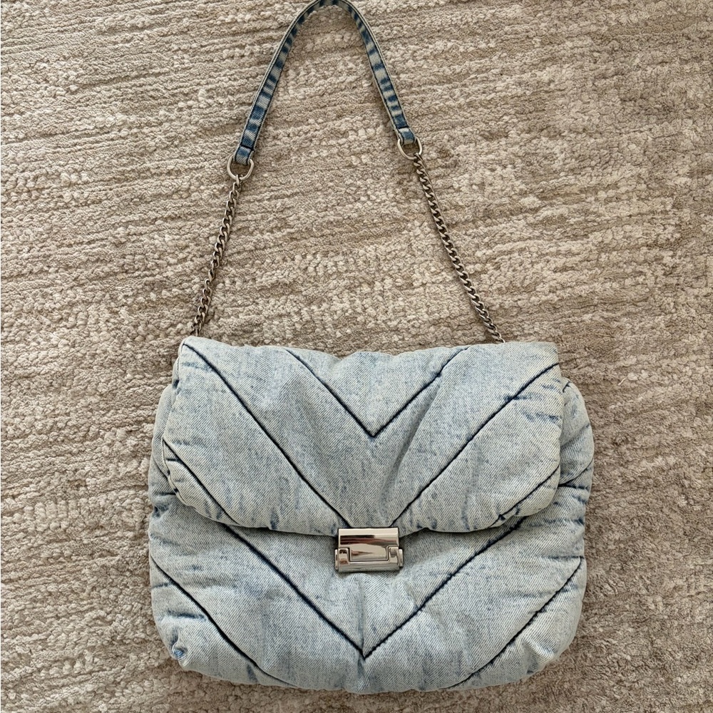 Denim Quilted Shoulder Bag - Light Blue